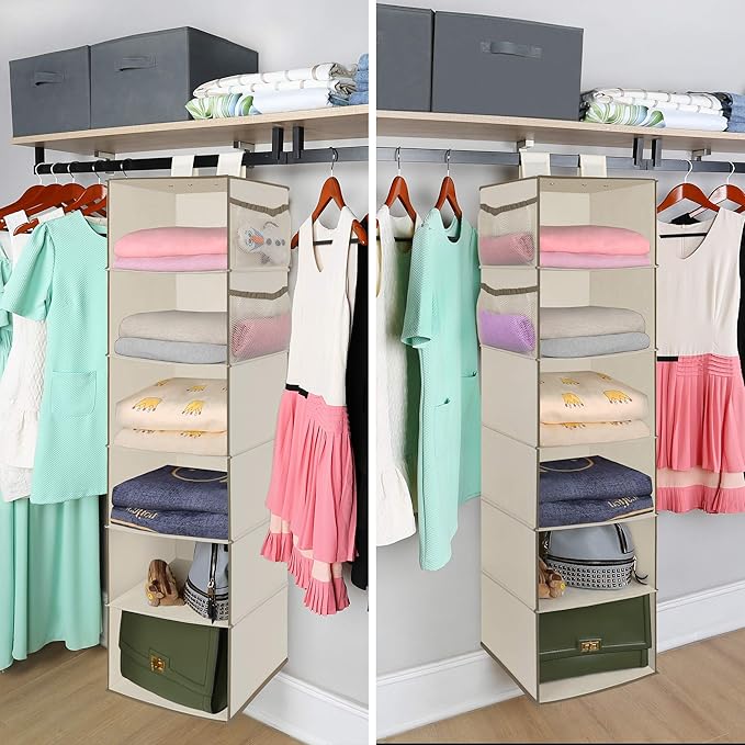 MAX Houser 6 Tier Shelf Hanging Closet Organizer, Closet Hanging Shelf with 2 Widen Straps for Storage, Foldable (Beige2) | Shelf, 2 Widen Straps, Storage