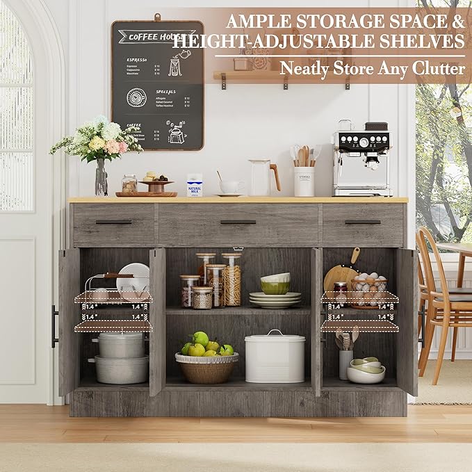 Shintenchi Buffet Cabinet with Storage,53.4" Large Kitchen Storage Cabinet with 3 Drawers and 4 Doors,Wood Farmhouse Buffet Sideboard with Adjustable Shelf for Kitchen Living Room, Gray