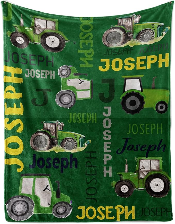 Personalized Tractors Blanket - Custom Name with Farm Tractor Trucks Design - Soft Plush Flannel Bed Blanket for Baby Kid Teen Boys Girls Customized Gifts Green