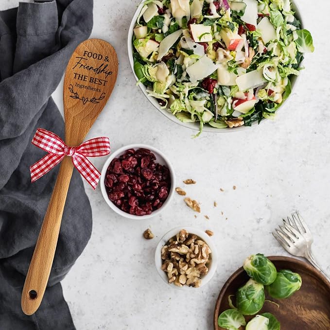 Food & Friendship Soup Salad Mixing Stir Serving Wooden Spoon for Cooking for Chef Mom Family and Friends Christmas Birthday Thanksgiving Day Stocking Stuffers Decor Gift
