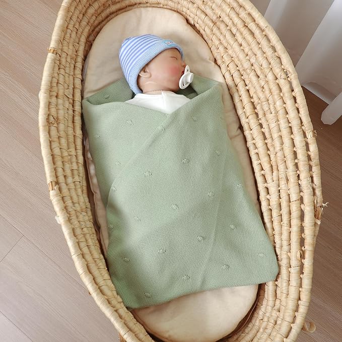 Neiwech Cotton Baby Blanket Knit Soft Cozy Lightweight Crib Stroller Nursery Receiving Swaddling Blankets for Newborn Infants Boys Girls Green 30x40 Inch