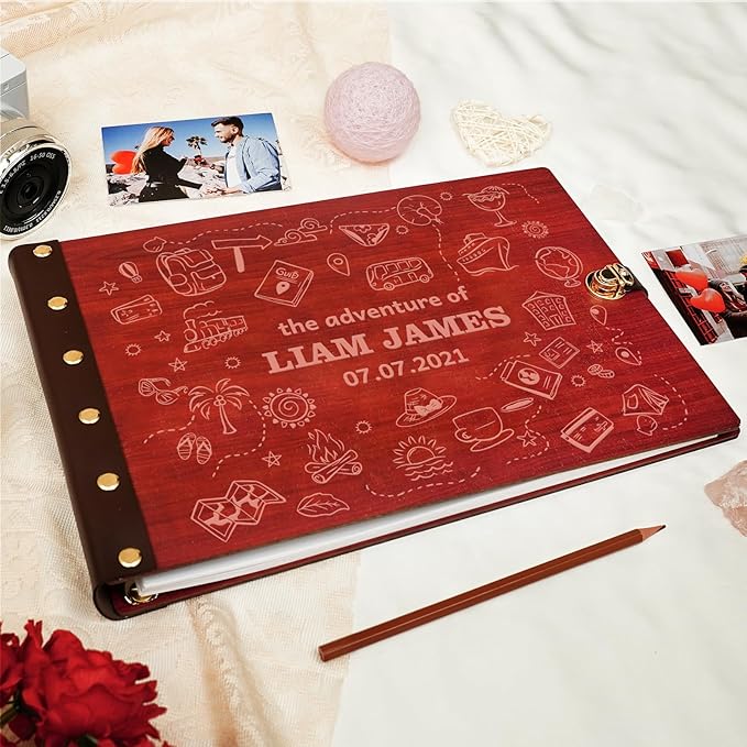 Personalized Adventure Photo Album,Wooden Memory Books for Keepsakes, Custom Travel Scrapbook Craft Kit, DIY Adventure Book for Couples, Travel Memories, Adventure Lovers