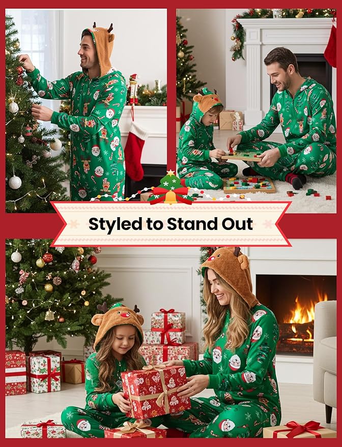 PATPAT Matching Family Christmas Onesie Pajamas – Holiday Hooded Jumpsuit Sleepwear PJs Couples Xmas Loungewear with Socks
