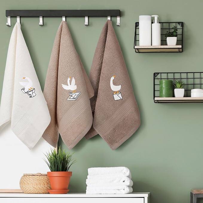 3 Pcs Silly Goose Hand Towels Geese Gifts Funny Bathroom Decor | Brown Farmhouse Decorative, 100% Cotton Embroidered Towels for Bathroom Kitchen Decor, 13.3 x 29.5''