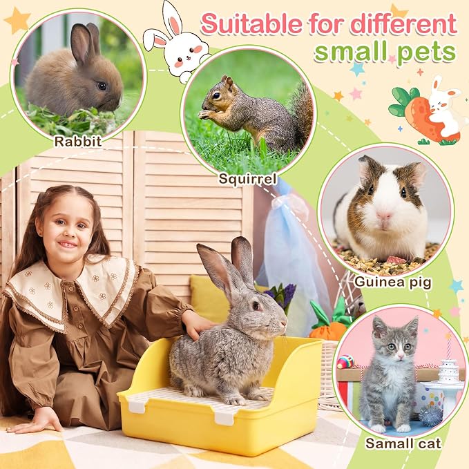 Reallnaive 15 Pcs Rabbit Starter Kit Small Rabbit Litter Box Girls Gift Animal Grooming Kit Bunny Toys Bowl Blankets with Cleaning Set for Guinea Pig Accessories(Yellow)