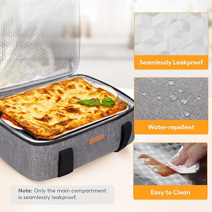 LUNCIA Insulated Single Decker Casserole Carrier, Lasagna Lugger Tote Keeps Food Hot or Cold, Thermal Lunch Bag for Potluck Parties, Picnic and Cookouts, Fits 8"x11" Baking Dish, Grey
