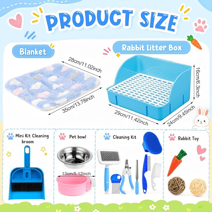 Reallnaive 15 Pcs Rabbit Starter Kit Small Rabbit Litter Box Girls Gift Animal Grooming Kit Bunny Toys Bowl Blankets with Cleaning Set for Guinea Pig Accessories(Bright Blue)