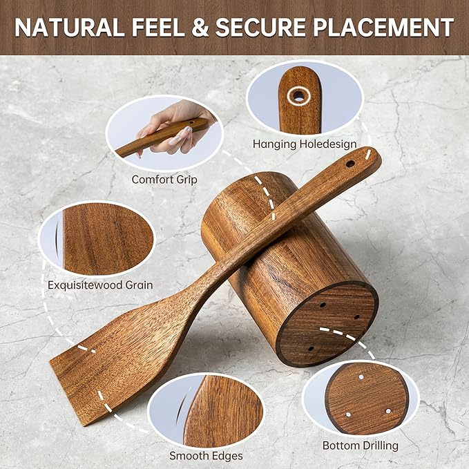 18 PCS Acacia Wooden Spoons for Cooking - Heat-Resistant, Comfort Grip,Easy to Clean, Non-stick Friendly - Kitchen Utensil Set with Holder, Spoon Rest & 6 Hooks, Ideal for Gifting