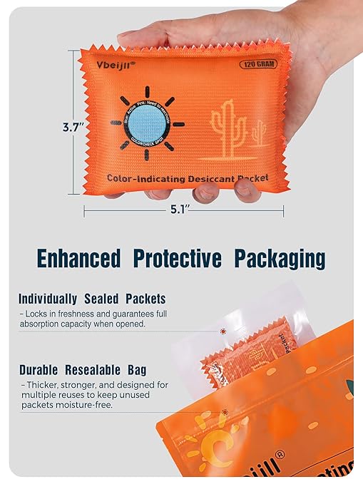 120 Gram (10 Pack) Color-Indicating Desiccant Packs for Storage, Rechargeable Silica Gel Packets, Moisture Absorbers for Gun Safe, 3D Filaments, Cars, Safe, Electronics, Toolboxes