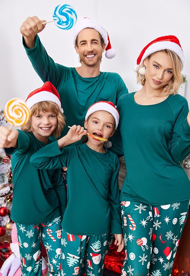 Ekouaer Family Matching Pajamas Christmas Sleepwear Long Sleeve Sleep Shirt with Plaid Pants Soft Loungewear Pjs Set S-XXL