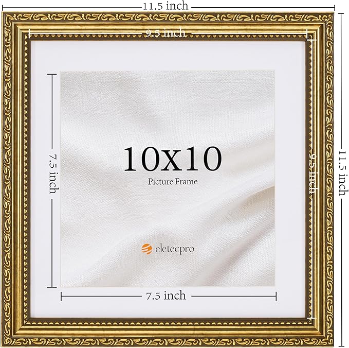 eletecpro 10x10 Picture Frames Set of 4, Vintage 10 x 10 Photo Frames with Glass, Display 8x8 Photo with Mat or 10x10 without Mat for Tabletop or Wall Decor, Gold