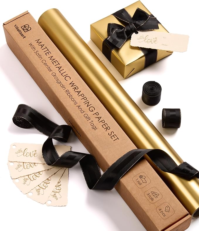 Vitalizart Gold Matte Metallic Wrapping Paper Set 17" With Silk Satin Ribbon & Gift Tags Christmas Gift Wrapping Birthday Baby Shower Wedding Bouquets Handmade Crafts 197"(16.4 Ft) Black Ribbon