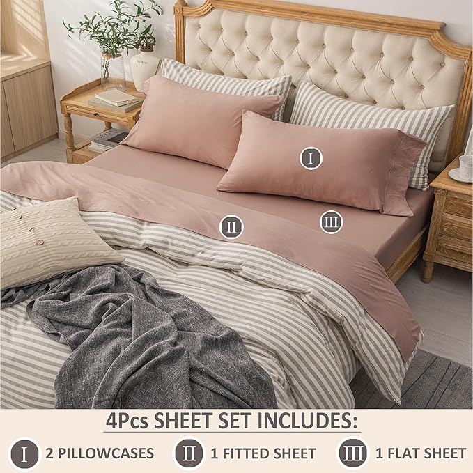 PURE ERA Jersey Knit 4pc Bed Sheet Set 100% T-Shirt Cotton Super Soft Comfy Breathable Fits Mattress Up to 20" Extra Deep Pocket (Solid Petal Pink, Queen)