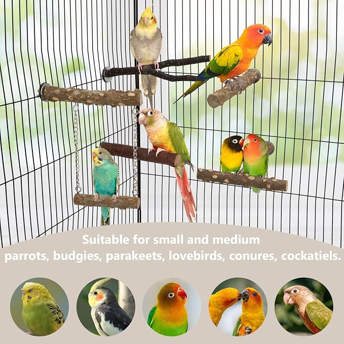 Hypeety Natural Wood Bird Perch for Parakeets Bird Chew Stands for Cage | Natural wood, anti-slip, with hanging swing, fork and T shaped perch, easy to install, suitable for parakeet/cockatiel, 5pcs