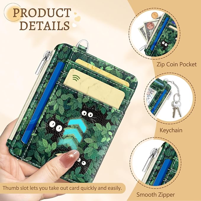 Kelvoris Credit Card Holder Small Wallet Women, Slim RFID, Black Cat Leave | Keychain, Zipper Coin Pocket, Front Pocket Thin Travel Card Case, Minimalist, 6 Card Slots, 1 ID Window, Ladies Gifts Woman
