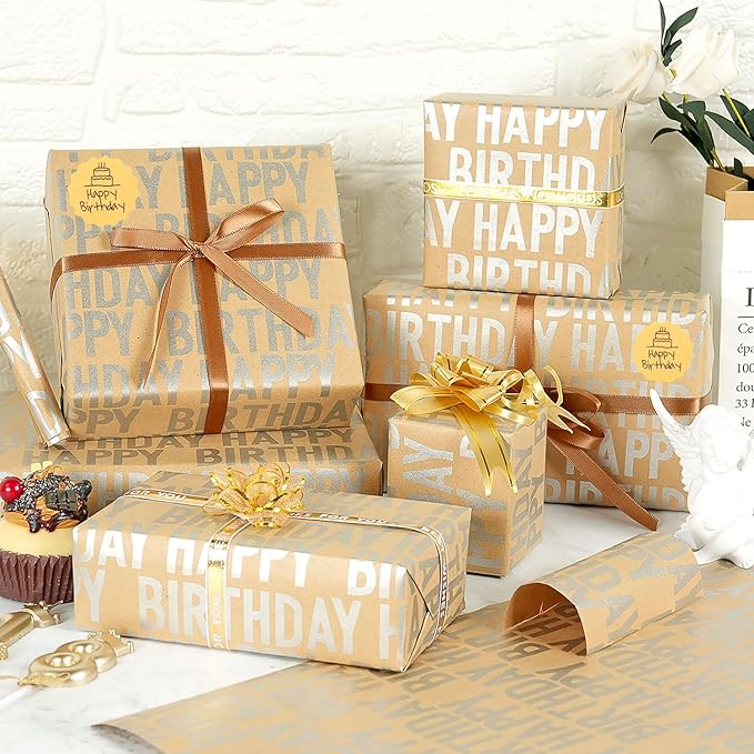 MAMUNU Birthday Wrapping Paper Roll, Silver and Brown Kraft Happy Birthday Wrapping Paper Jumbo Roll for Boys Girls Women Men, 17x590 inch (70 sq. ft.)