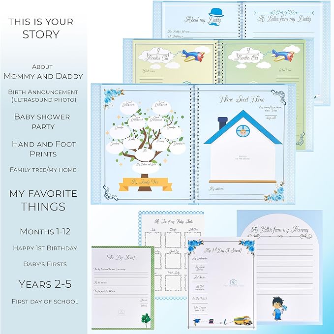 Baby Book Keepsake - Baby Memory Book and Album for Boy, Journal from Pregnancy to First 5 Years, Scrapbook to Record Memories, Milestones and Photos, Baby Book (Blue)