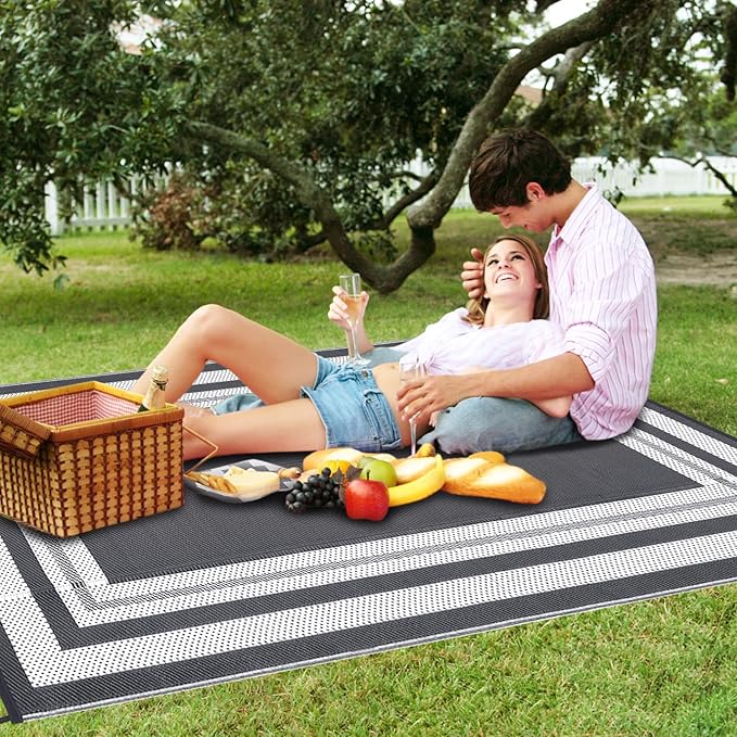 Outdoor Rug 8x10 Waterproof Patio Rugs Modern Border Reversible Mat for Front Door Rv Foldable Plastic Straw Carpet for Travel Trailers, Deck, Porch, Camper, Balcony, Beach，Grey/White