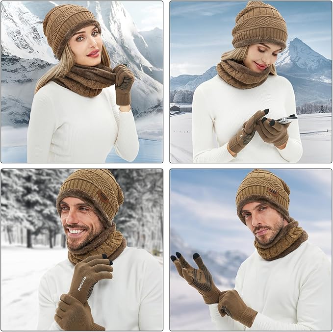 MAYLISACC Winter Knit Beanie Hat Neck Warmer Scarf and Touch Screen Gloves Set 3 Pcs Fleece Lined Skull Cap for Men Women