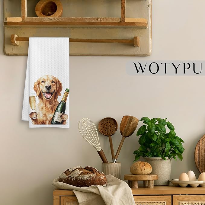 Golden Retriever Gifts Kitchen Bar Towels, Dog Lover Gifts Dish Tea Towel, Funny Golden Retriever with Champagne Decorative Hand Towels for Kitchen Bar Cart Decor, 16x24 Inch