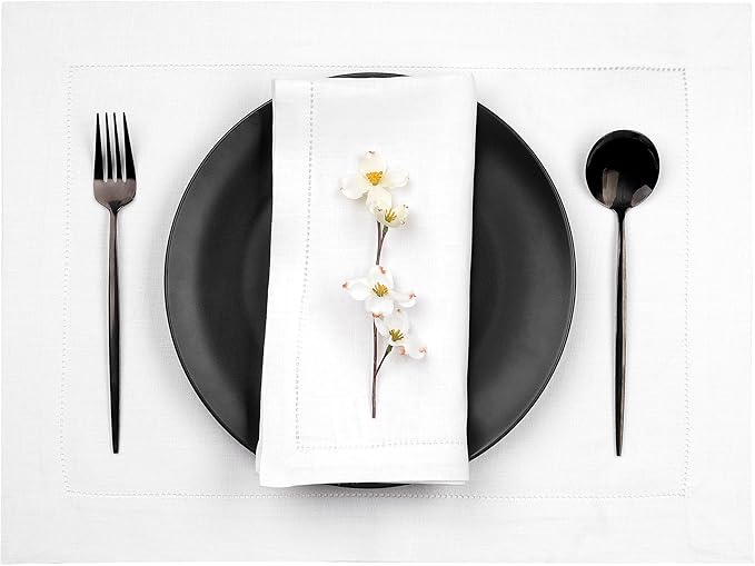 D'Moksha Homes White Linen Placemats Set of 6 - Classic Hemstitch Placemats 14 x 19 Inch - 100% Pure Linen Table Mats for Fall, Thanksgiving, Christmas, Holiday - Handcrafted and Machine Washable