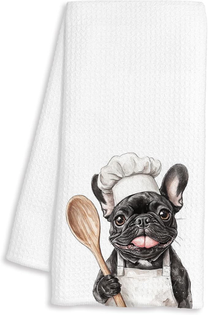 Funny French Bulldog Chef Kitchen Towels, Frenchie Gifts for Women Men, Gifts for Chef, Funny Frenchie Dog Decorative Dish Hand Tea Towels for Kitchen Bakery, 16x24 Inch
