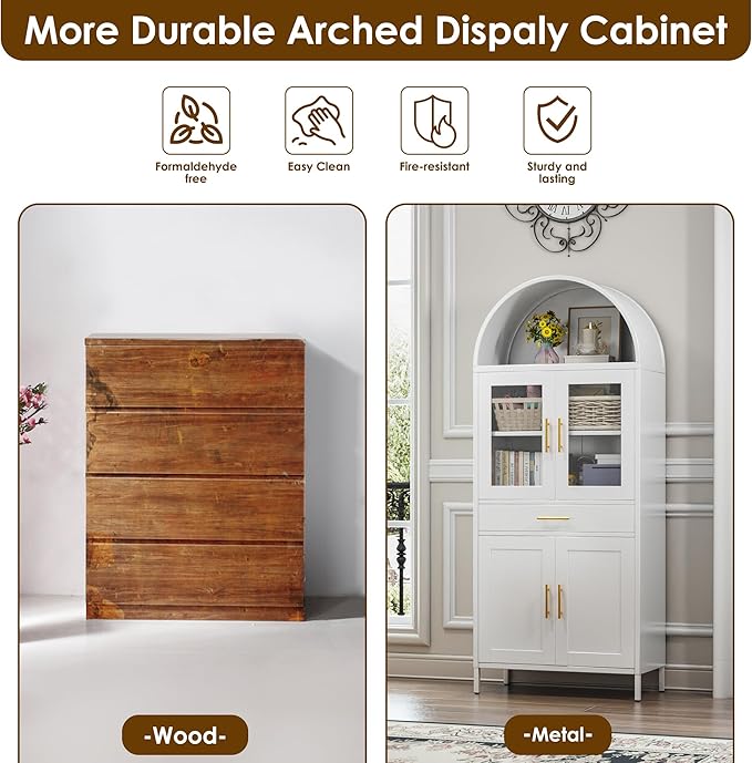 73''H Metal Farmhouse Arched Pantry Cabinet,White Tall Arched Cabinet for Kitchen Dinning Room, Assembly Required
