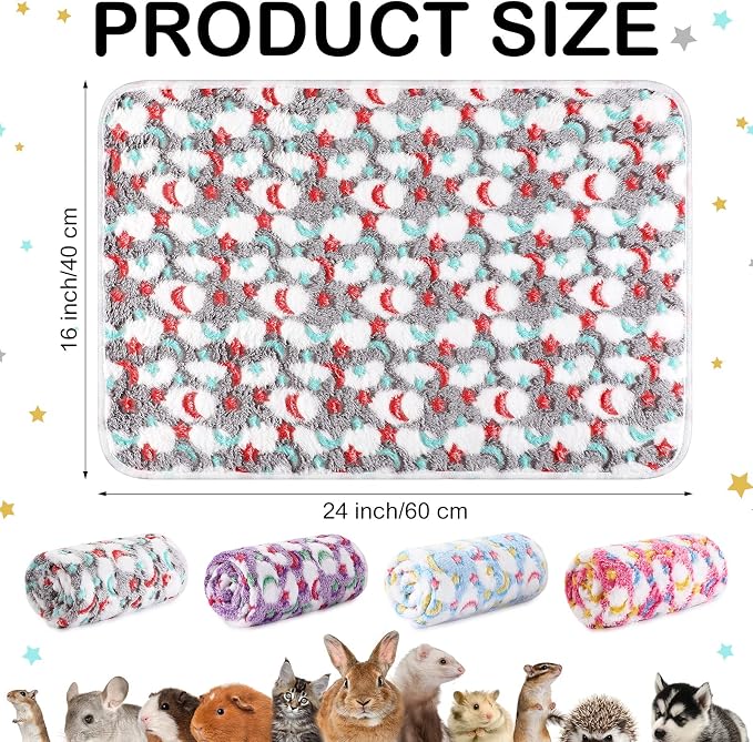 Reginary 4 Pcs Guinea Pig Fleece Blankets, Moon Star, 24 x 16 Inch | Waterproof Washable Cage Liners, Absorbent Double Layer Bedding for Guinea Pigs, Reusable Pads for Hamsters Rabbits