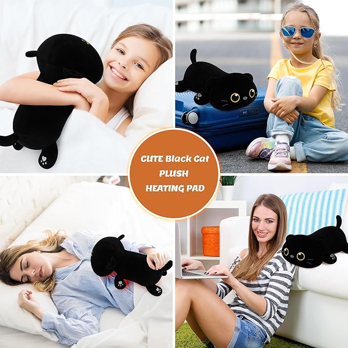 1.8lb Black Cat Stuffed Animals Plush Microwavable Heating Pad-14'' Black Cat Heating Pads for Cramps &Period Pain Relief, Heatable & Coolable Stuffed Animals Bedtime Birthday Gift for Women Kids