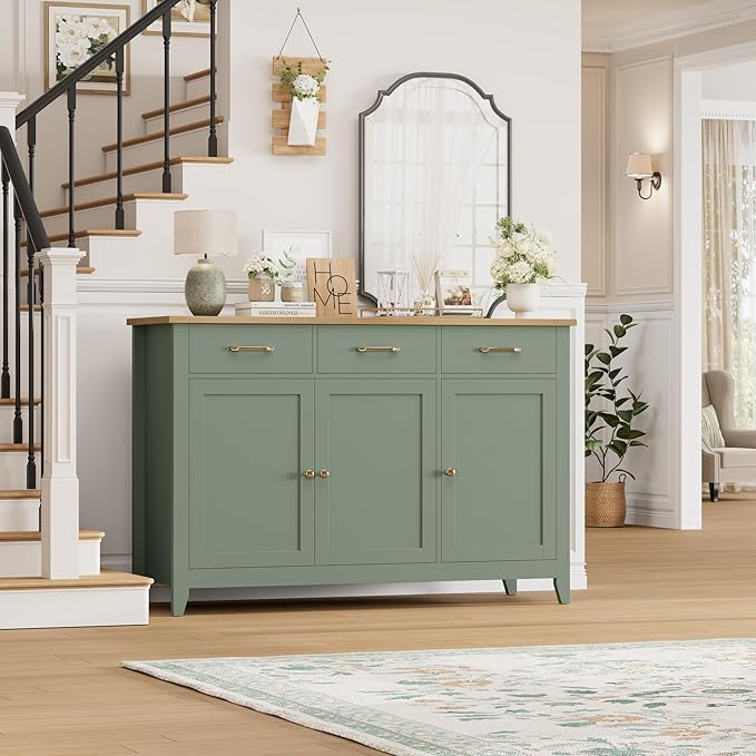 HORSTORS 47" Buffet Cabinet with Storage, Kitchen Buffet Table with Drawer, Modern Coffee Bar Storage Cabinet with Adjustable Shelf, Wood Sideboard for Dining Room, Kitchen, Entryway, Light Green