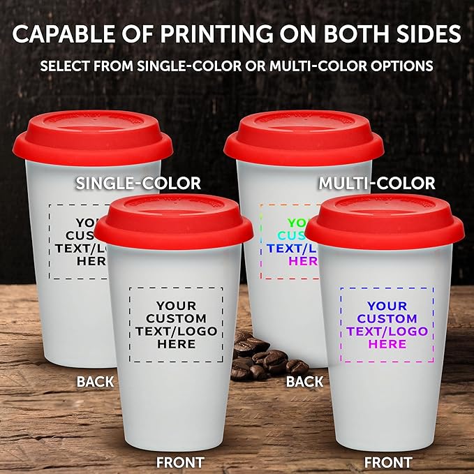 Personalized 11 oz. Double Wall Ceramic Tumblers with Lid - 6 Pack - Custom Text, Logo - Red
