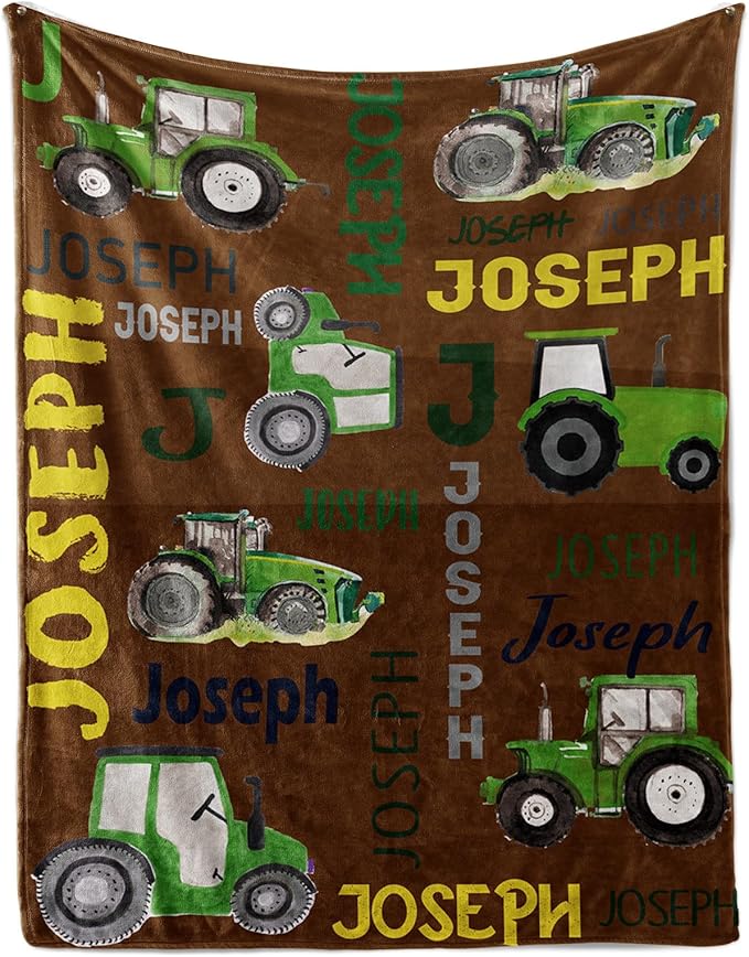 Personalized Tractors Blanket - Custom Name with Farm Tractor Trucks Design - Soft Plush Flannel Bed Blanket for Baby Kid Teen Boys Girls Customized Gifts Brown