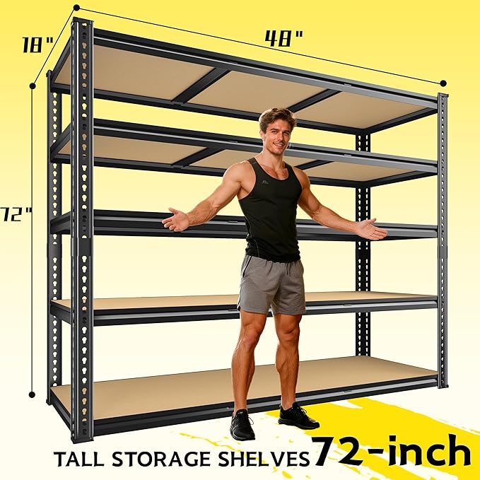 48" W Garage Shelving Heavy Duty 2800LBS Garage Storage Shelves, 5 Tier Adjustable Metal Shelving Unit Utility Rack Shelf for Warehouse, Pantry, Closet, Kitchen 72" H x 48" W x 18" D, Black,Gifts
