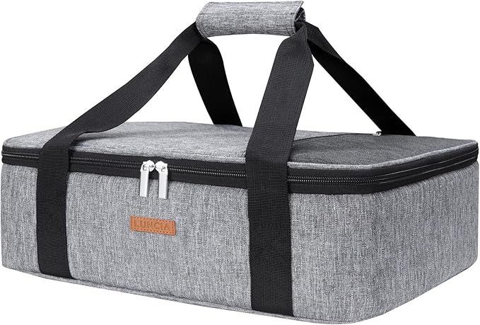 LUNCIA Insulated Single Decker Casserole Carrier, Lasagna Lugger Tote Keeps Food Hot or Cold, Thermal Lunch Bag for Potluck Parties, Picnic and Cookouts, Fits 9" x 13" Baking Dish, Grey