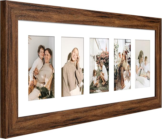 8x24 Picture Frame Display 5 opening 4X6 Picture Frame Collage,Multi Photo Frame with Mat,Plexiglass,Wall or Tabletop Decor,Carbonized Brown Wood Grain