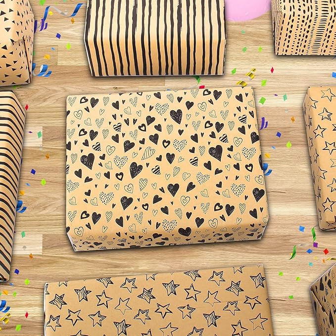 Kraft Wrapping Paper Set with Tags & String - Brown Kraft Wrapping Paper Gift Wrap for Present - Birthday Paper Wrap for Women, Men, Boys & Kids (6 Sheets, 28"Lx20"W per Sheet)