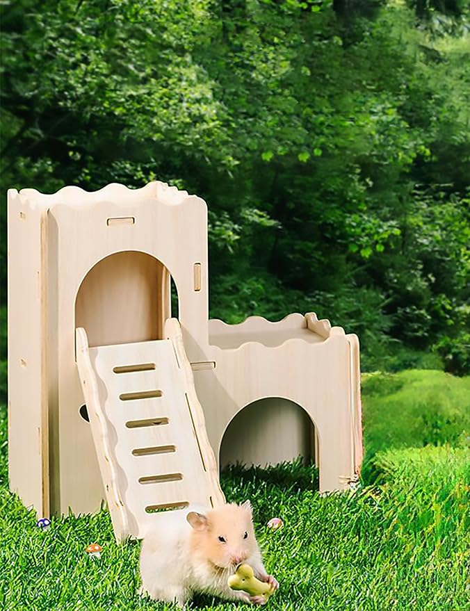 Hamster Hideout Cage Accessories - Hamster House and Habitat Wooden Hide Hut with Climbing Ladder for Syrian Dwarf Gerbils and Mouse Mice Rat Other Small Animals etc.