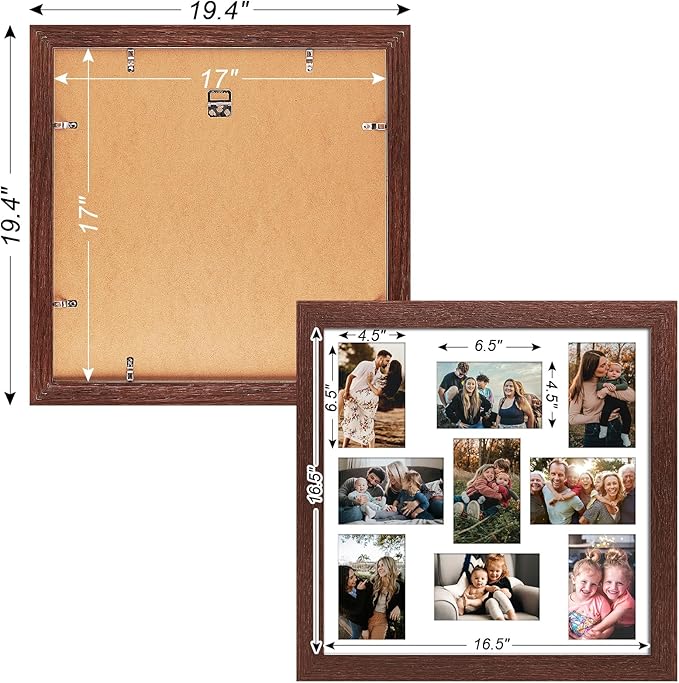 17x17 Picture Frame Display 9 opening 4X6 Picture Frame Collage,Multi Photo Frame with Mat,Plexiglass,Wall Mount Decor,Walnut Wood Grain