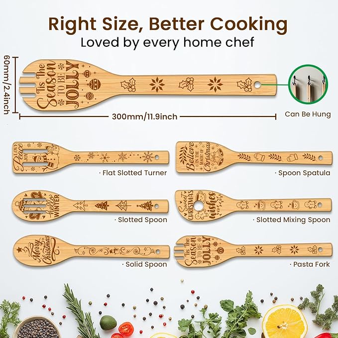 CUTHOLLOW 6PCS Christmas Greeting Wooden Kitchen Cooking Utensil Set, 11.9in Non Toxic Bamboo Wood Spoon Set for Cooking, Best Housewarming Birthday Thanksgiving Christmas Gift for Women Mother
