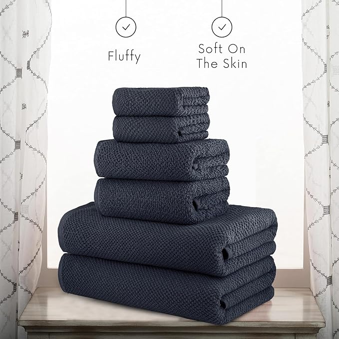 CASA COPENHAGEN Popcorn Textured 6 Pieces Towel Set- Navy Blue, 550 GSM 2 Bath Towel 2 Hand Towel 2 Washcloth, Rough & Tough Use Cotton Towels Gift Set for Bathroom