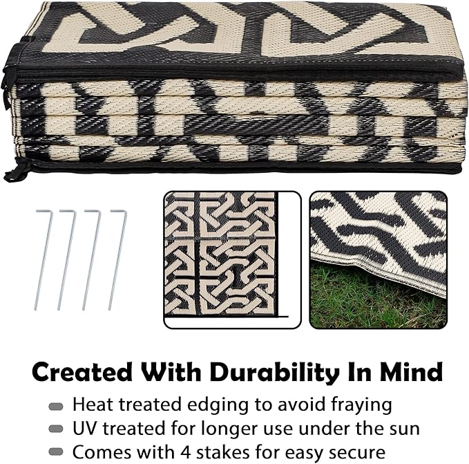 SAND MINE Reversible Mats, Plastic Straw Rug, Modern Area Rug, Large Floor Mat and Rug for Outdoors, RV, Patio, Backyard, Deck, Picnic, Beach, Camping, Trailer, Black & Beige, 9' x 12'
