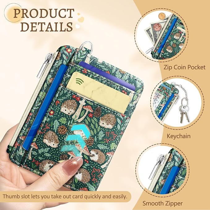 Kelvoris Credit Card Holder Small Wallet Women, Slim RFID, Cute Hedgehog | Keychain, Zipper Coin Pocket, Front Pocket Thin Travel Card Case, Minimalist, 6 Card Slots, 1 ID Window, Ladies Gifts Woman