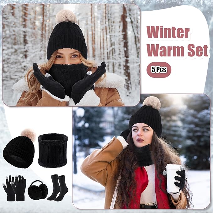 SATINIOR 5 Pcs Winter Hat Scarf Gloves Set Fleece Warm Lined Knit Beanie Hat Touch Screen Earmuff Gloves Warmer for Women(Black,Fresh Style)