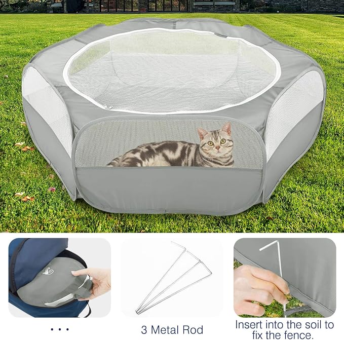 Pawaboo Small Animal Playpen with Zippered Cover,Light Gray | Portable pop-up pet tent for supervised rabbits, guinea pigs, chicks and kittens; water-resistant bottom and 3 metal rods