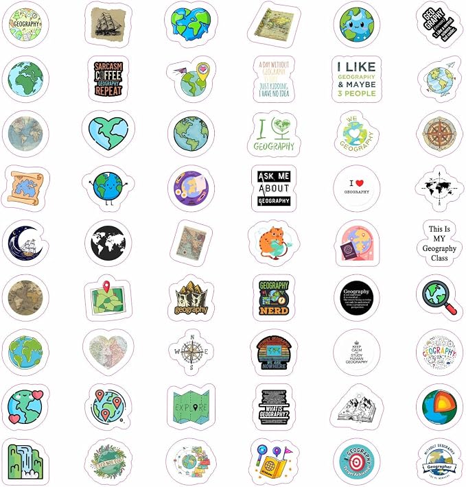 100Pcs Geography Stickers for Water Bottle and Laptop - Geography Party Supplies & Decorations, Waterproof Vinyl Decals, Maps and Landmarks Stickers, Gifts for Women & Men