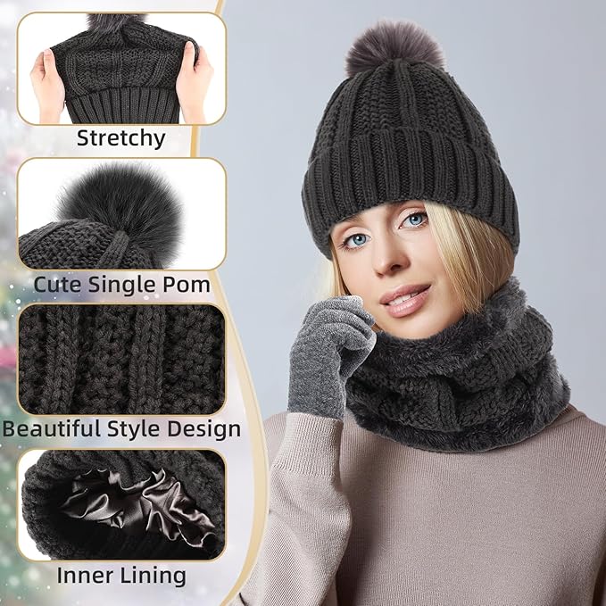 SATINIOR 5 Pcs Winter Satin Lined Hat Scarf Gloves Set Knit Pompom Beanie Warm Touchscreen Glove Earmuff Ear Warmer for Women