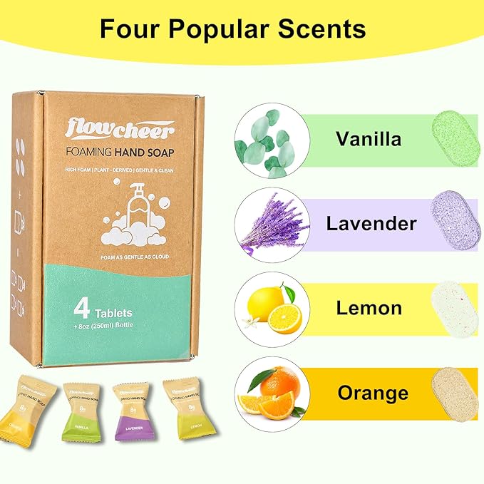 Foaming Hand Soap Refill Tablets - Glass Foaming Soap Dispenser Combo - CrystalClear Real Glass Bottle 11 oz - 4 Refill Tablet Included Start Kit - Soap Pump for Bathroom Kitchen Countertop