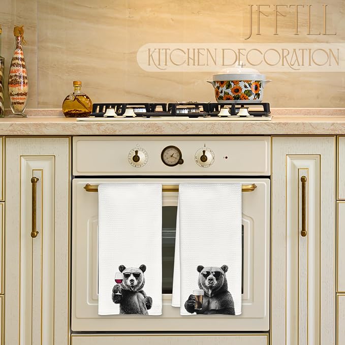 Funny Bear Kitchen Towels Set of 2, Funny Kitchen Decor, Wine Station Wine Bar Decor, Black and White Bear Owner Gift Hand Towel, Dining Room Decorative Tea Towel Dish Towels 16x24 Inch