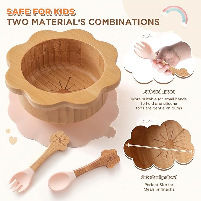 Bamboo Suction Plates Bowls Set for Baby Toddler - Includes Bamboo Bowl, Divided Plate, Silicone Fork & Spoon, All-Natural Baby Feeding Set for Baby-Led Weaning