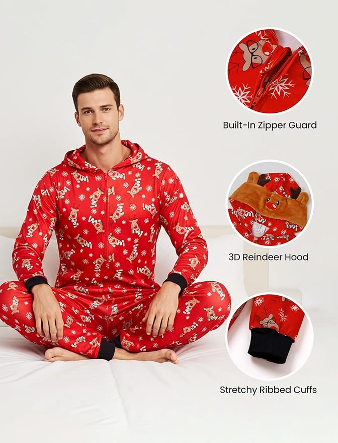 PATPAT Matching Family Christmas Onesie Pajamas – Holiday Hooded Jumpsuit Sleepwear PJs Couples Xmas Loungewear with Socks